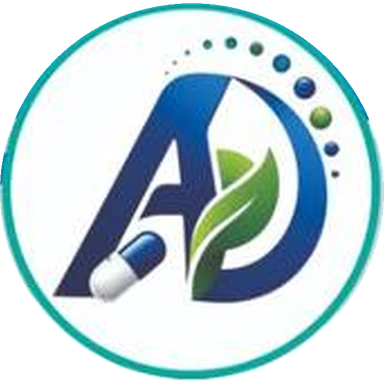 The Aria Darou Qabus emblem: the letters A and D with a capsule, a leaf and an arc of bubbles inside a teal ring